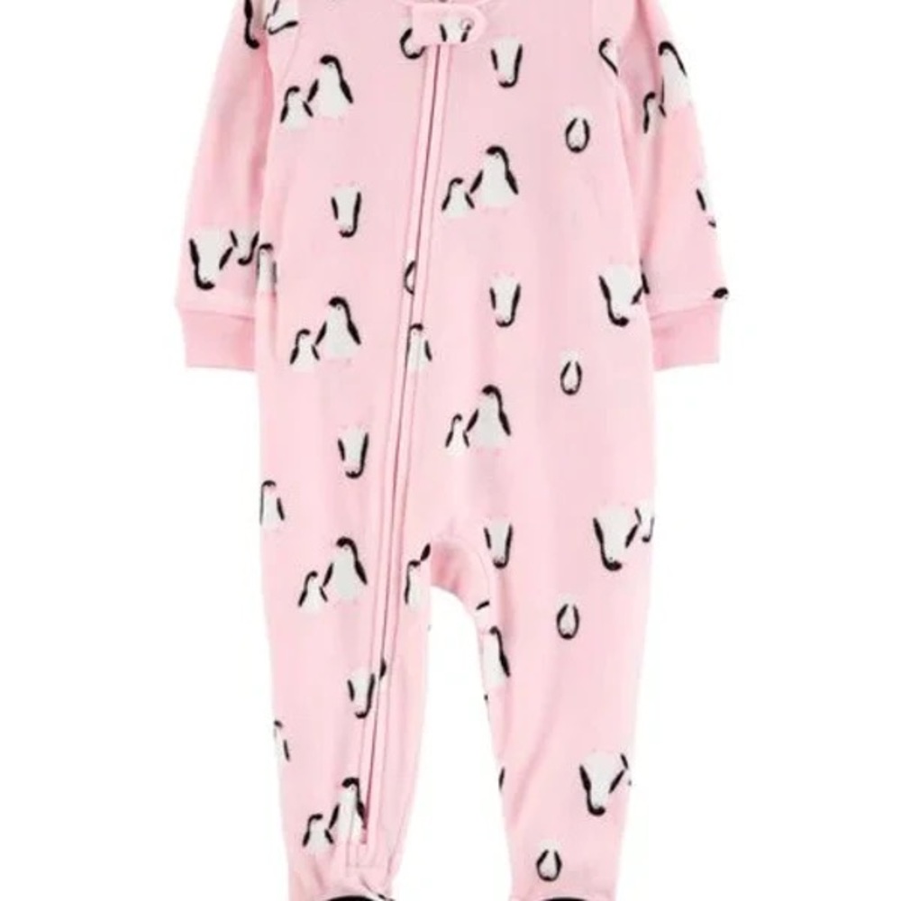 Pink Penguin Fleece Print Baby One Piece Pajamas